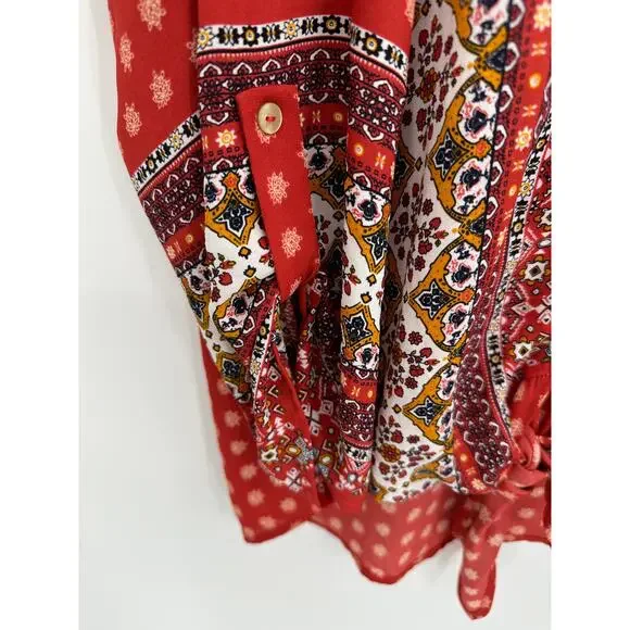 West Kei Top Women LARGE Talina Rust Red Printed V-Neck Tie Front Blouse - Picture 5 of 10